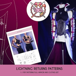 Puede incluir: Un detallado disfraz de cosplay en un maniquí, con un corpiño negro y blanco, detalles morados y armadura. La imagen incluye una hoja de patrones y un logotipo con el texto "Leather Cosplay". El texto en la parte inferior dice "LIGHTNING RETURNS PATTERNS".
