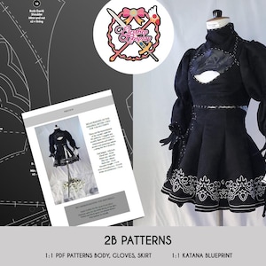 May include: A set of 2B cosplay patterns for a black and white dress with a white trim. The patterns include a body, gloves, skirt, and a katana blueprint. The patterns are printed on white paper and are labeled with the text "2B Patterns".