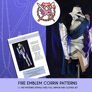 Peut inclure: Un ensemble de patrons PDF imprimables pour créer un costume de cosplay Fire Emblem Corrin. Les patrons comprennent des instructions pour réaliser l'armure complète et l'ensemble des vêtements. L'image montre un gros plan de l'armure et une page d'exemple du patron PDF.