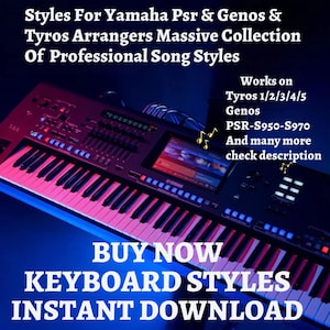 Puede incluir: Un teclado Yamaha negro y rojo con el texto "BUY NOW KEYBOARD STYLES INSTANT DOWNLOAD" en la parte delantera. El teclado es un teclado de arreglo digital con una pantalla grande y muchos botones. El texto "Works on Tyros 1/2/3/4/5 Genos PSR-S950-S970 And many more check description" está en el lado derecho de la imagen.