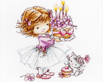 Cross Stitch Kit Luca-S - Girl with a Kitten and a Cake, B1054