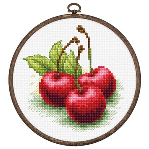 May include: A cross-stitch embroidery of three red cherries with green leaves and stems in a brown wooden embroidery hoop.