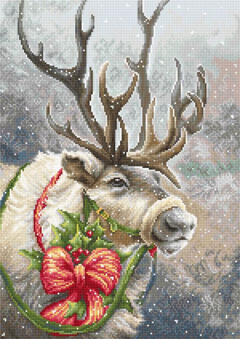 May include: A white reindeer with large antlers is decorated with a red bow and green holly. The reindeer is standing in a snowy forest setting.