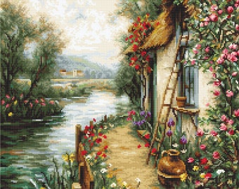 Kit Point De Croix Luca-S - Motif Vase Avec Hortensias - Taille 20x21 Cm, 40 Couleurs Incluses