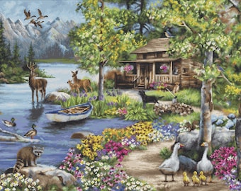 Cross Stitch Kit Luca-S - Cabin By The Lake, Gold Collection, B2410
