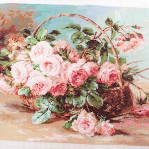May include: A basket overflowing with pink roses, surrounded by lush green leaves. The basket is sitting on a light brown surface.