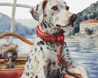 May include: A dalmatian dog wearing a red collar and leash sits on a boat, looking out at a scenic view of a lake and buildings in the distance.