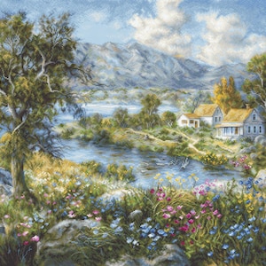 May include: A cross-stitch landscape showing a tranquil lakeside vista. The artwork features a large tree, colourful wildflowers, a river, and houses near mountains under a cloudy sky. The colour palette includes blues, greens, and yellows.