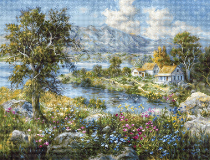 May include: A cross-stitch landscape showing a tranquil lakeside vista. The artwork features a large tree, colourful wildflowers, a river, and houses near mountains under a cloudy sky. The colour palette includes blues, greens, and yellows.