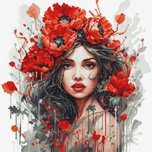 May include: A woman with long dark hair wears a crown of red poppies. The flowers are stylised and have a painterly effect. The background is a white and grey abstract design.