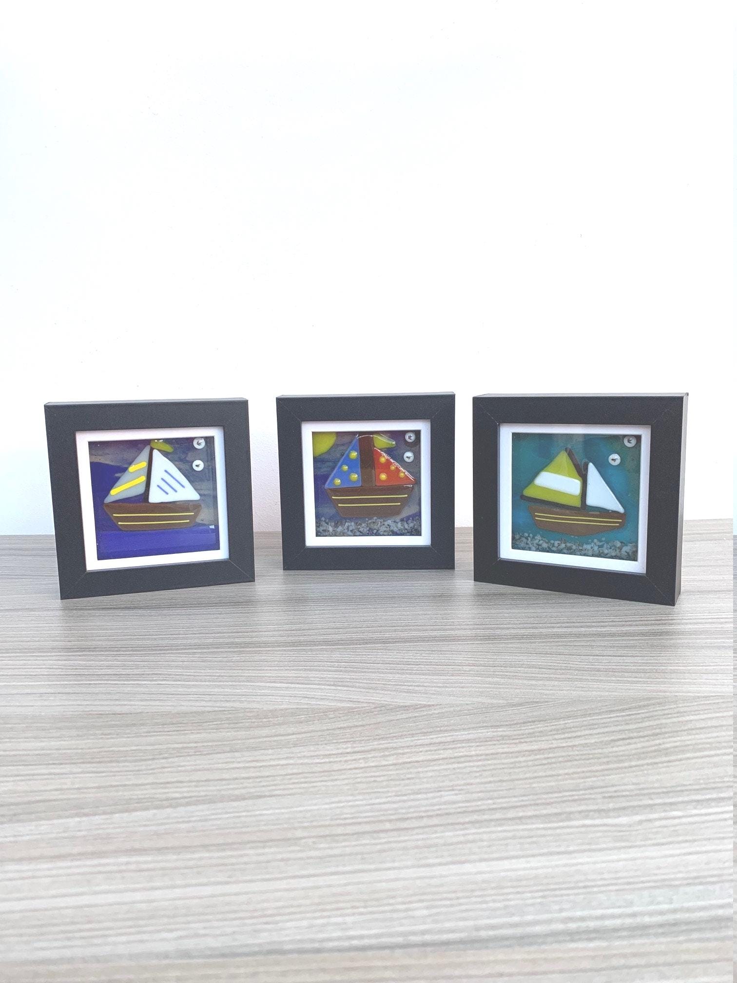 Fused glass sailing boat wall frame, 12 cm x 12 cm