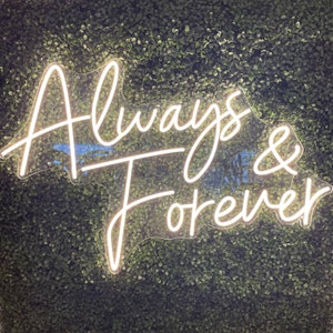May include: White neon sign with the words "Always & Forever" against a backdrop of green foliage.
