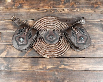 Handmade Leather waist belt with two pocket's || Utility Leather belt with labradorite gemstone || Festival Leather Belt For Unisex ||