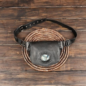 Black Leather Hip Pouch, Boho Festival Waist Bag, Labradorite Stone, Antique Brass Hardware