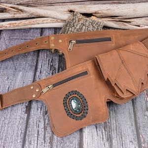 Handmade Light brown Leather Belt bag, 3 pocket leather hip bag - hippie belt bag with gemstone, Festival Fanny pack , Gift for her