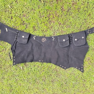 Handmade Black Leather GOA skirt Multi Pocket Waist Bag with Adjustable Belt, Festival Fanny Pack, Hip Bag, Gift for her
