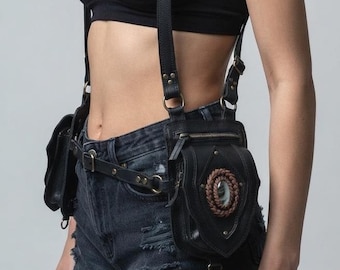 Black Leather Shoulder Holster Harness Bag Gothic Chest Rig with Gemstone Festival Harness For Unisex