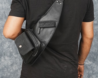 Handmade Leather Sling Bag with Adjustable Belt, Festival Fanny Pack, Laptop Backpack Multipurpose Black Cross Body Bag Gift For Men & Women