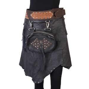 Handmade Skirt Black Distressed Leather with Rivets & Feathers, Tribal, Cosplay, Warrior, Psywear, Gipsy, witch, Medieval