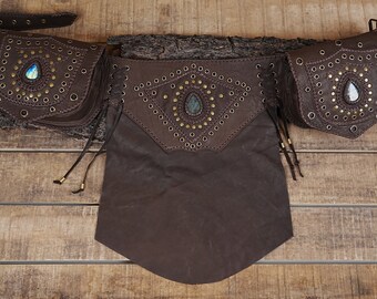 Handmade Leather Skirt Belt Bag with gemstone, Waist Bag ,  Pouch Belt, Festival Fanny Pack