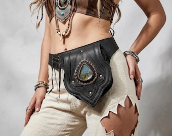 Handmade Black Leather Waist Belt, Labradorite Gemstone, Festival Utility Belt, Antique Brass, Unisex