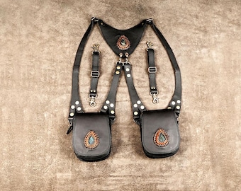 leather Shoulder Holsters Bag, with real labradorite gems stone, Leather Festival Bag, Phone Holsters
