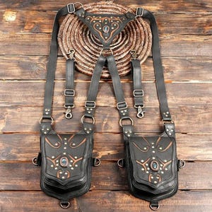 Handmade Holster Harness, Black Leather Holster, Steampunk Holster Bag, Cosplay Shoulder Holster, Gothic Utility Bag,