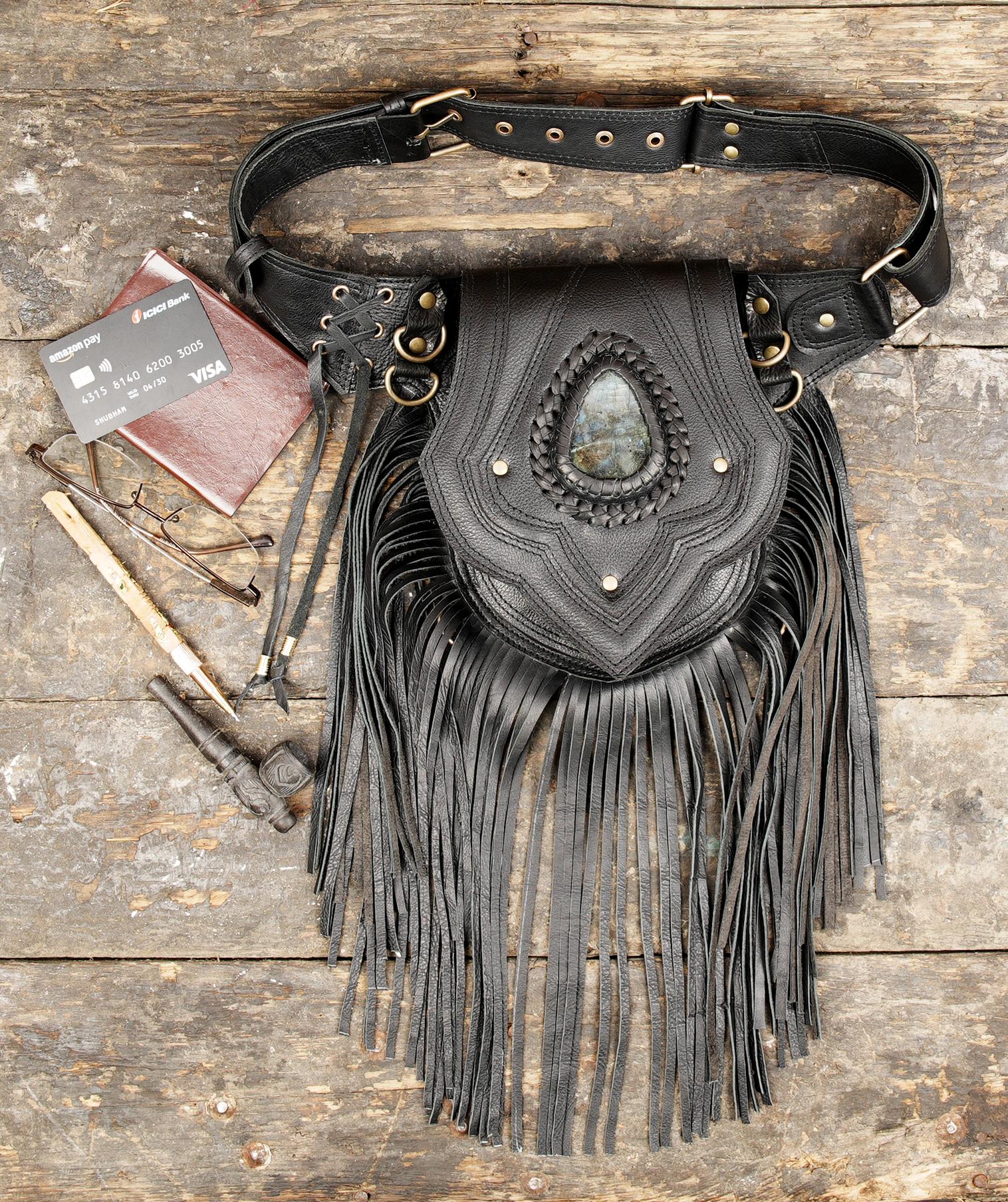 Handmade Black leather Waist Bag with tassels Adjustable belt Pouch Hip Bag Festival fanny bag For unisex Etsy