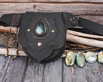Handmade Black leather Waist Bag with Adjustable belt, Pouch, Hip Bag, Festival fanny bag For  Girls