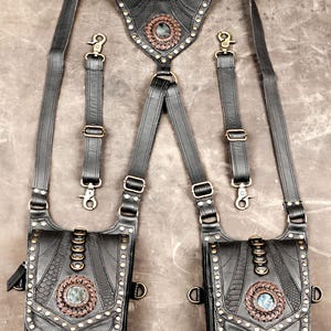 Handmade Black Leather Double Holster Bag, Labradorite Gemstone, Studded Harness, Festival Wear For Unisex.