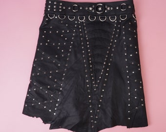 Black Leather Studded Skirt, Festival Belt, Recycled Leather, Zip Pockets