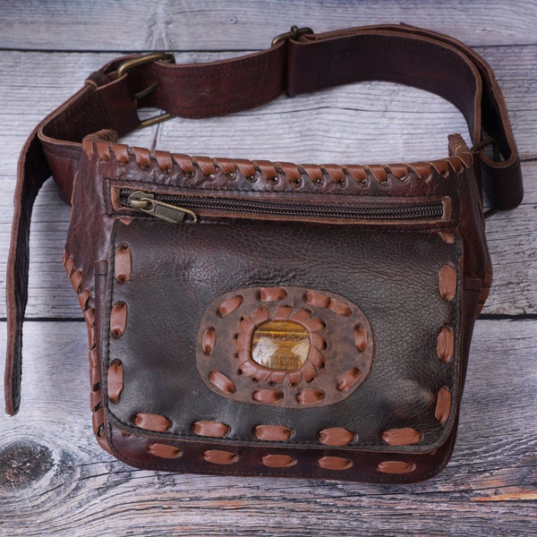 Borsa da cintura in pelle fatta a mano con pietra preziosa di labradorite, marsupio da viaggio per festival