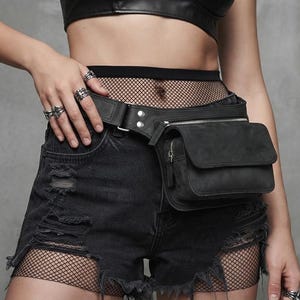 Handmade Black Leather Waist Bag Multi Pocket Zipper Hip Bag Silver Hardware Everyday Unisex