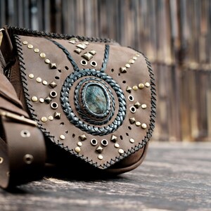 Genuine leather waist bag with gemstone detail for men and women, perfect for festivals.