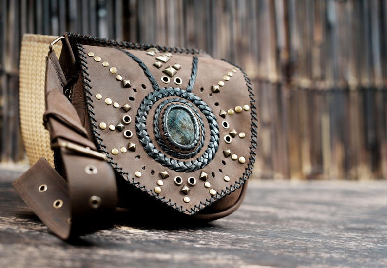 Genuine leather waist bag with gemstone detail for men and women, perfect for festivals.