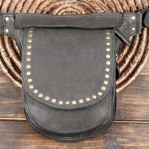 Genuine leather waist pouch with antique brass studs and buckle