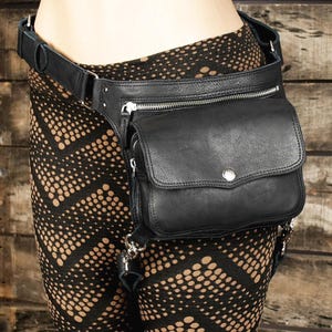 Black Leather Belt Bag, Handmade Utility Hip Pouch, Adjustable Waist Strap Bag