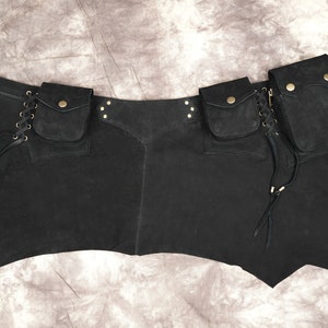 Handmade Black Leather GOA skirt Multi Pocket Waist Bag with Adjustable Belt, Festival Fanny Pack, Hip Bag, Gift for her