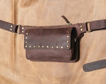 Handmade Leather Waist Bag with Adjustable Belt, Festival Fanny Pack, Leather Hip Bag, Gift for her