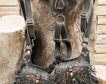 Brown Leather Holster Bag Fringe Pouches Gemstone Studded Boho Festival Accessory