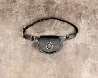 Handmade Leather Fanny Pack Labradorite Stone Boho Festival Waist Belt Antique Brass
