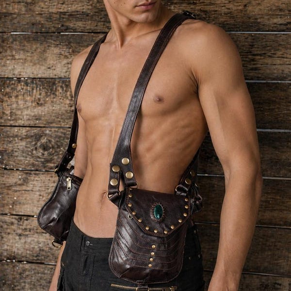 Handmade Leather Festival Harness Bag | Boho Unisex Utility Chest Bag with Pockets