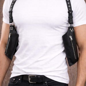 Stylish Black Leather Dual Shoulder Holster Bag with Universal Adjustable Straps