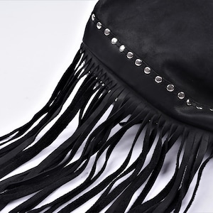 Black Fringe Leather Bucket Bag Crossbody Adjustable Strap Leather Bag Handmade Women Drawstring Bag Handbag Purse Leather Bag For Gift Item image 8