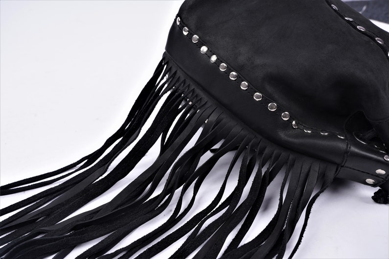 Black Fringe Leather Bucket Bag Crossbody Adjustable Strap Leather Bag Handmade Women Drawstring Bag Handbag Purse Leather Bag For Gift Item image 8