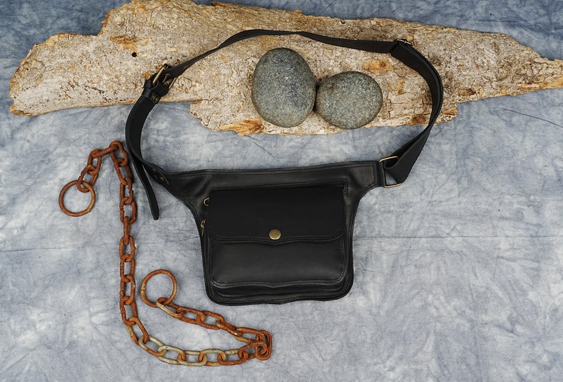 Handmade Leather Utility Waist Bag With Adjustable Belt, Leather Hip Belt bag, Festival Fanny Pack , Gift for her BLACK