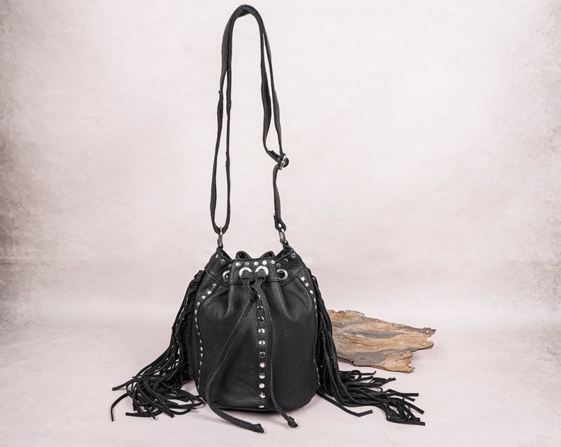 Black Fringe Leather Bucket Bag Crossbody Adjustable Strap Leather Bag Handmade Women Drawstring Bag Handbag Purse Leather Bag For Gift Item image 1