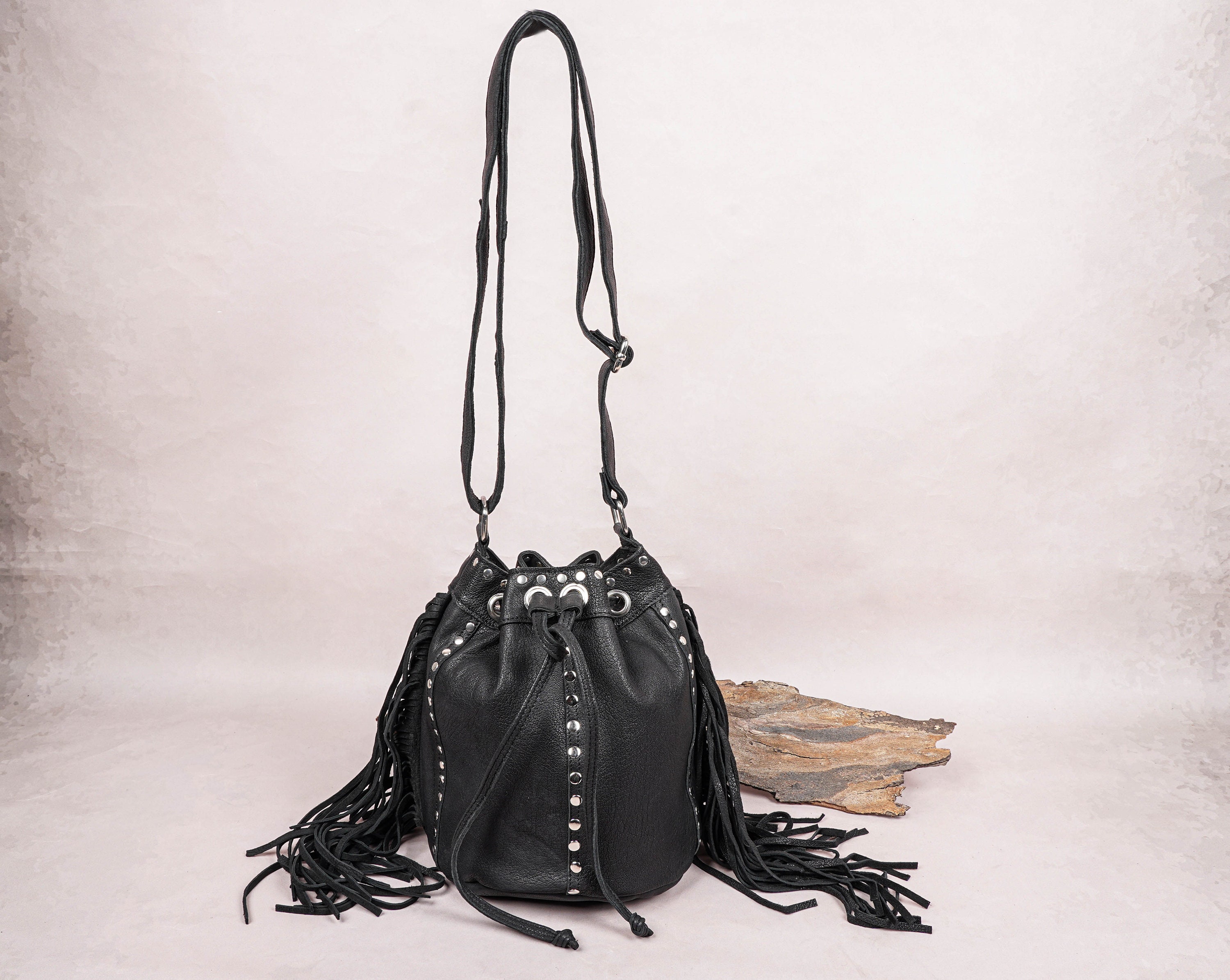 Leather fringe bucket bag deals
