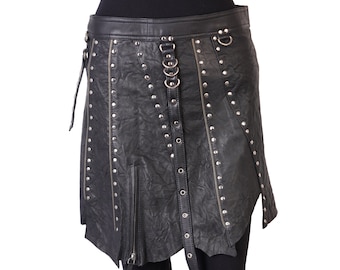 Adjustable Recycled Leather Punk Skirt, Studded Grunge High Waist (S-M)
