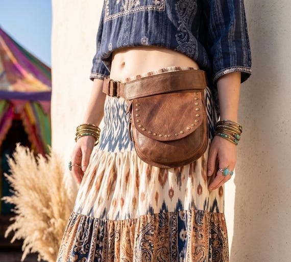 Brown Leather Hip Bag with Antique Brass Studs – Boho Adjustable Waist Pack